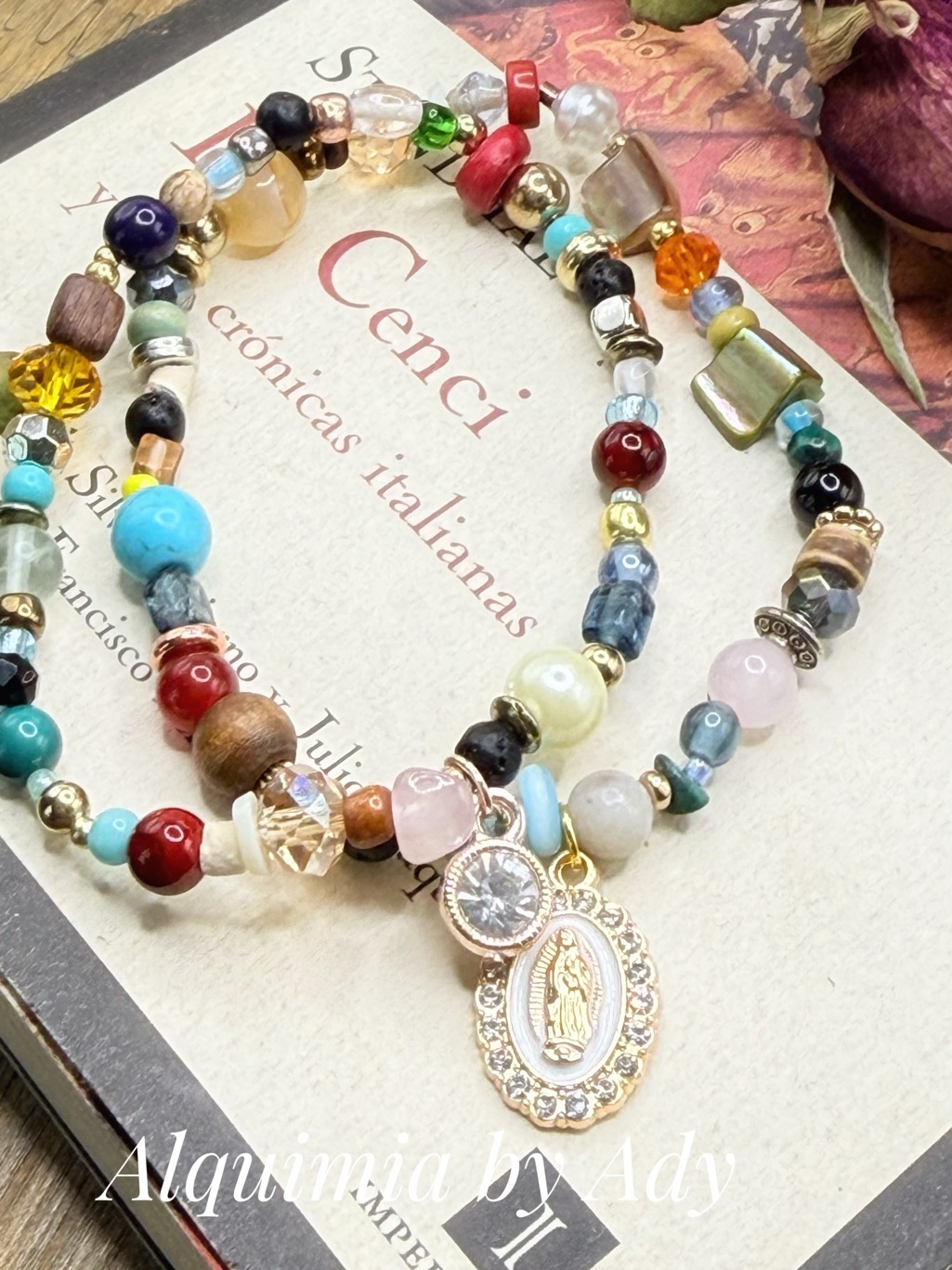 Guadalupana Multicolor Beaded Bracelet With Gold Religious Charm